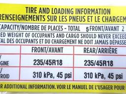 Этикетка (лейба, наклейка) с х-ми колес и макс. допустимой догрузкой Tesla model 3 1465392